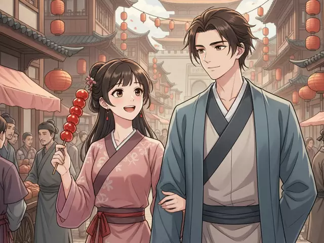 サンザシ飴を手に街を散策する若い男女